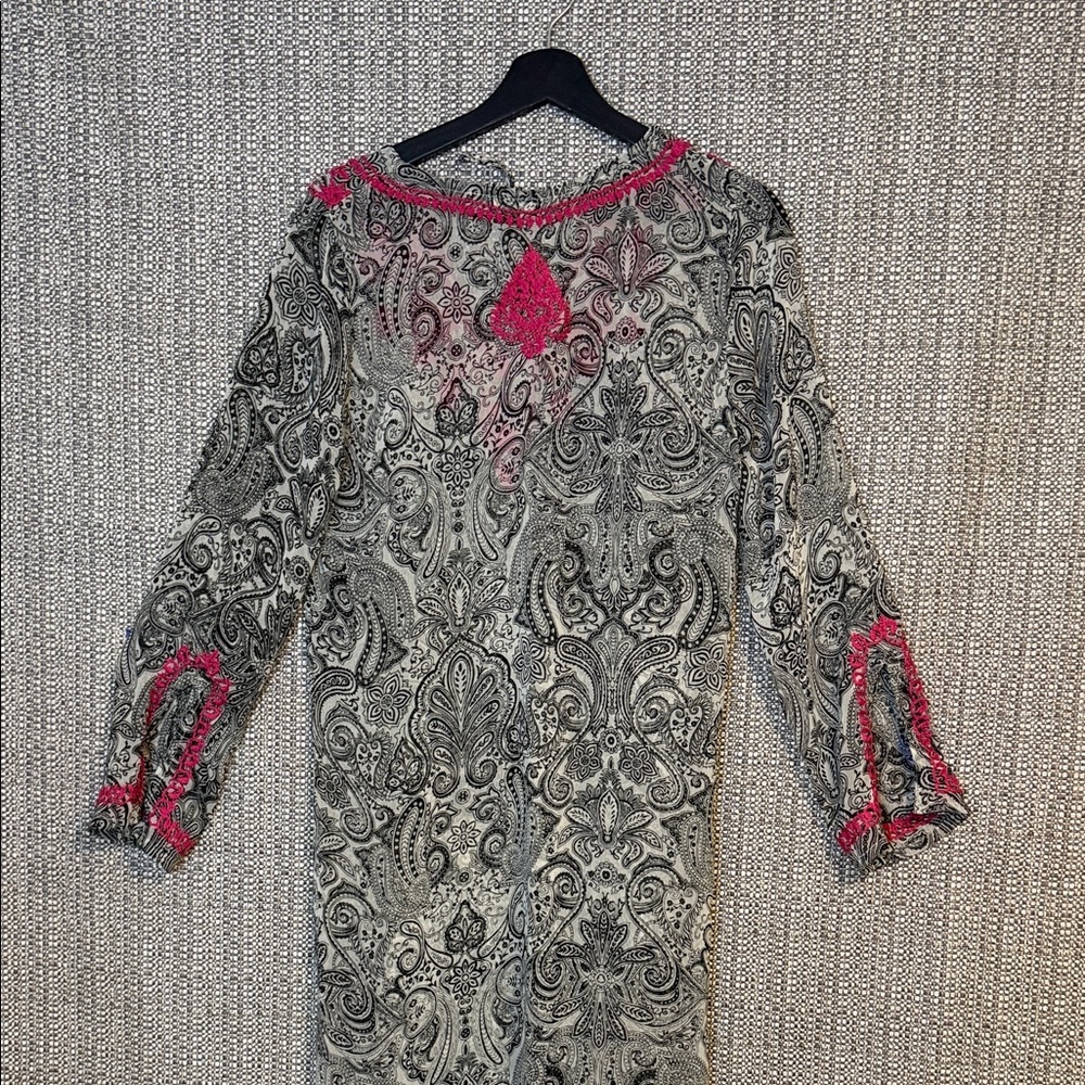 Maxi Length Semi Sheer Embroidered Black & Pink Paisley Tunic Swim Coverup - Picture 13 of 15